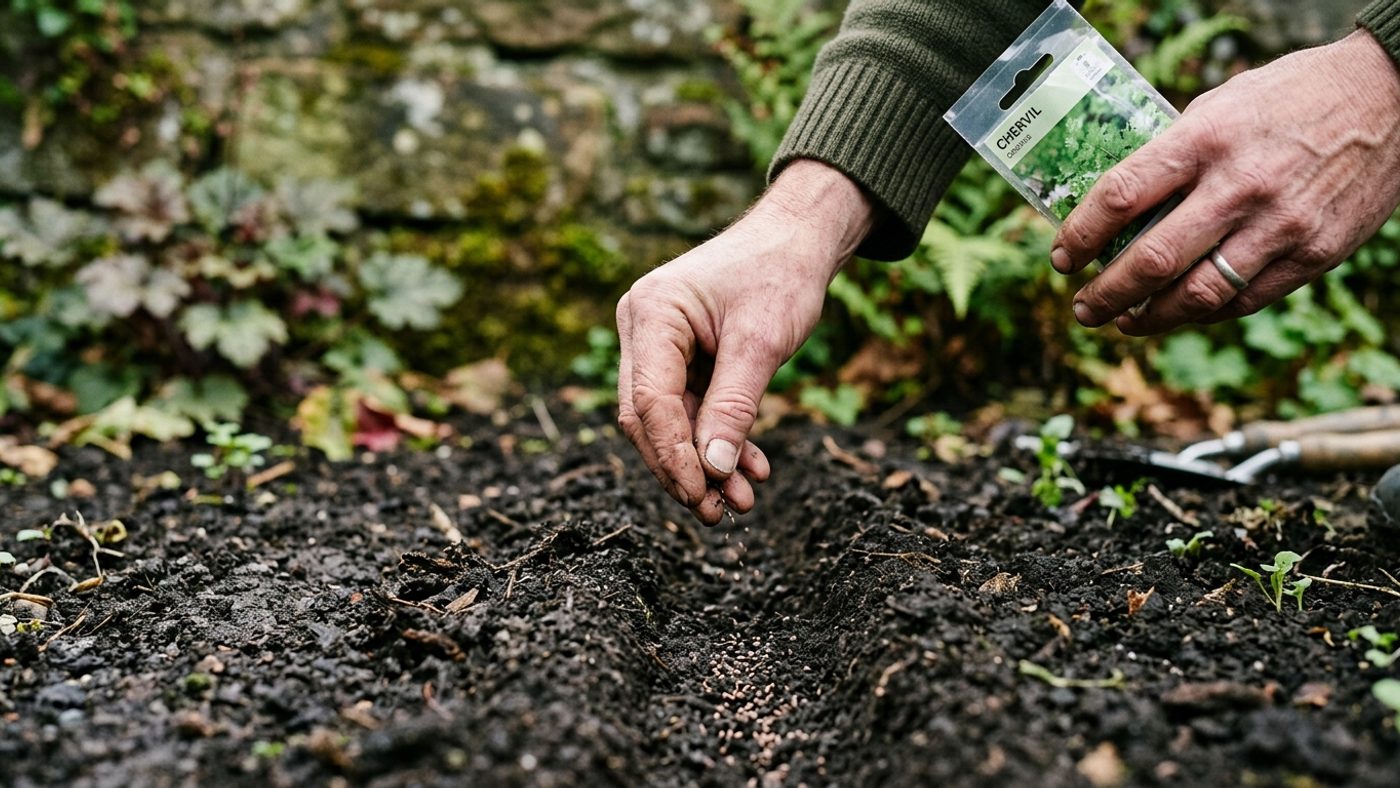 A hand sowing chervil seed thinly into a shallow drill outdoors, avoiding the risk of a later transplant