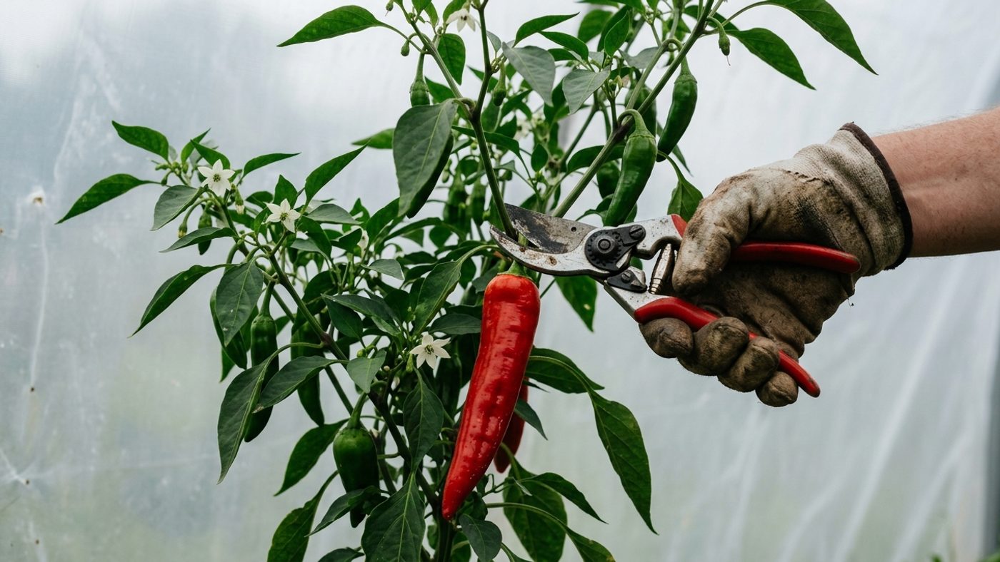 Secateurs cutting a ripe red chilli from the plant with a clean cut rather than tearing it off
