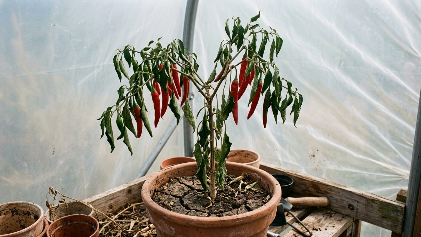 A chilli plant with visibly dry, slightly wilted leaves and compost, deliberately under-watered to boost heat in the fruit