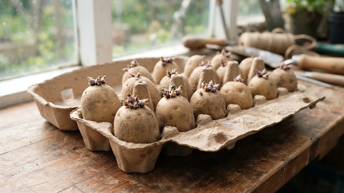 Close-up of seed potatoes standing rose-end up in an egg box, eyes and short sprouts visible at the top