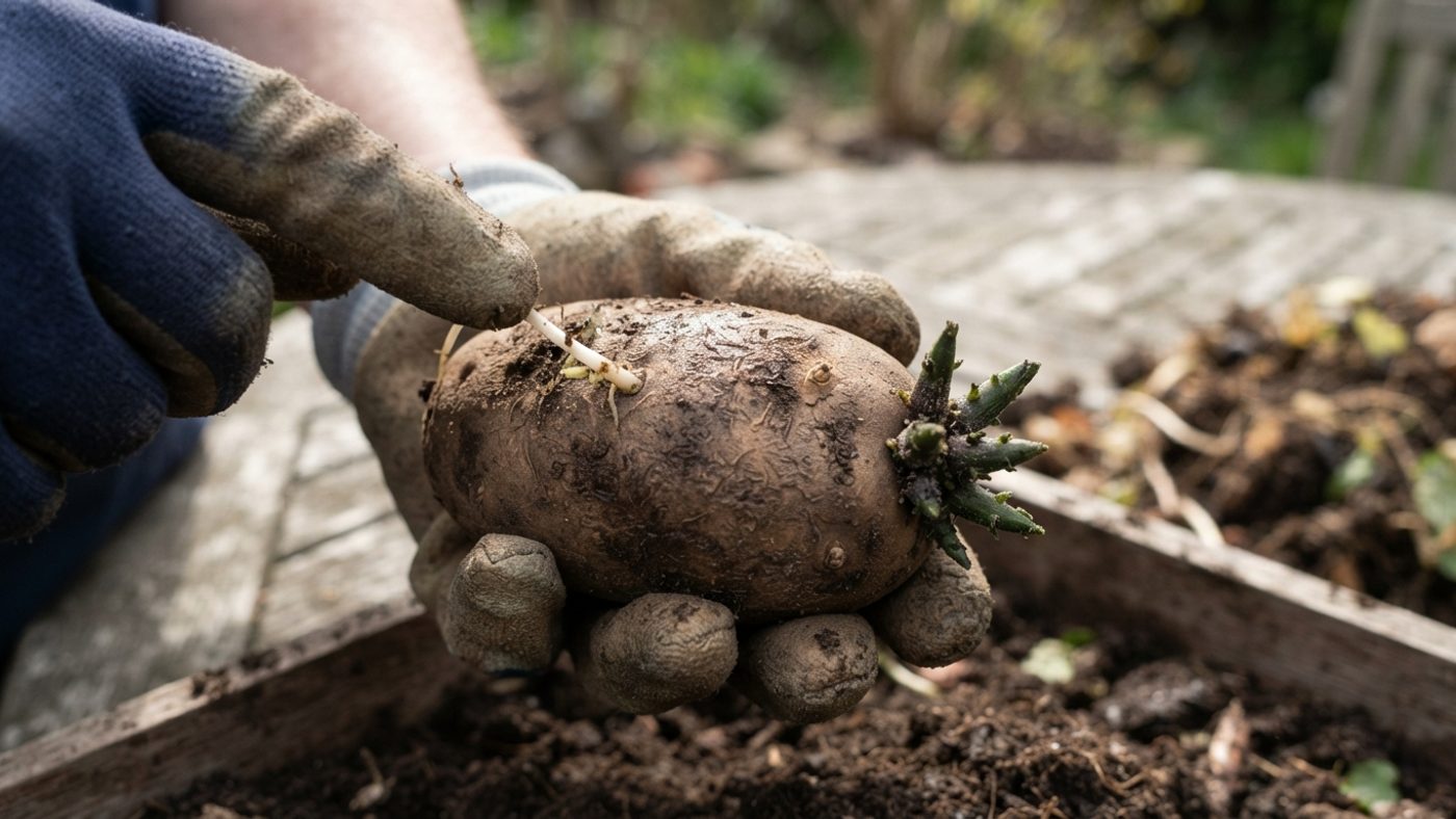 A hand rubbing off a weak thin sprout from a seed potato, leaving four short strong sprouts in place