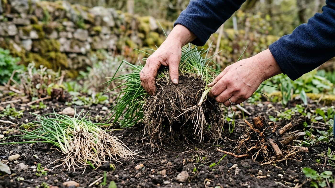 A dug-up chive clump being split into several smaller pieces by hand, with the old woody centre visible