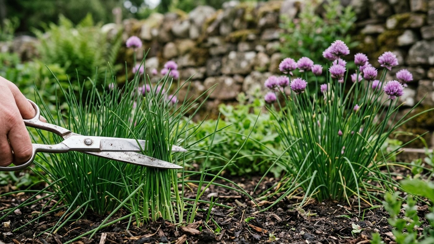 Scissors cutting chive leaves about 5cm from the base, leaving a short stub to regrow