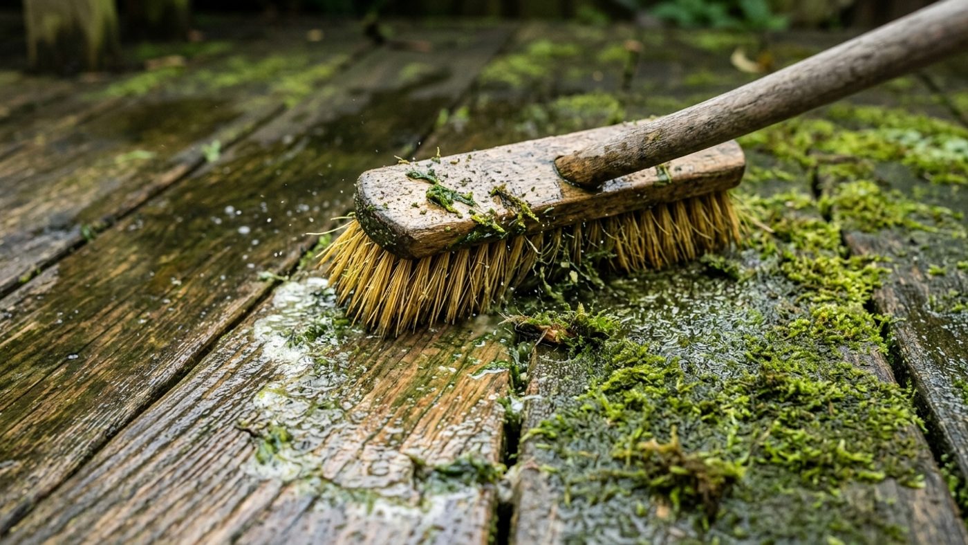 A stiff-bristled brush being used to scrub moss off a section of decking