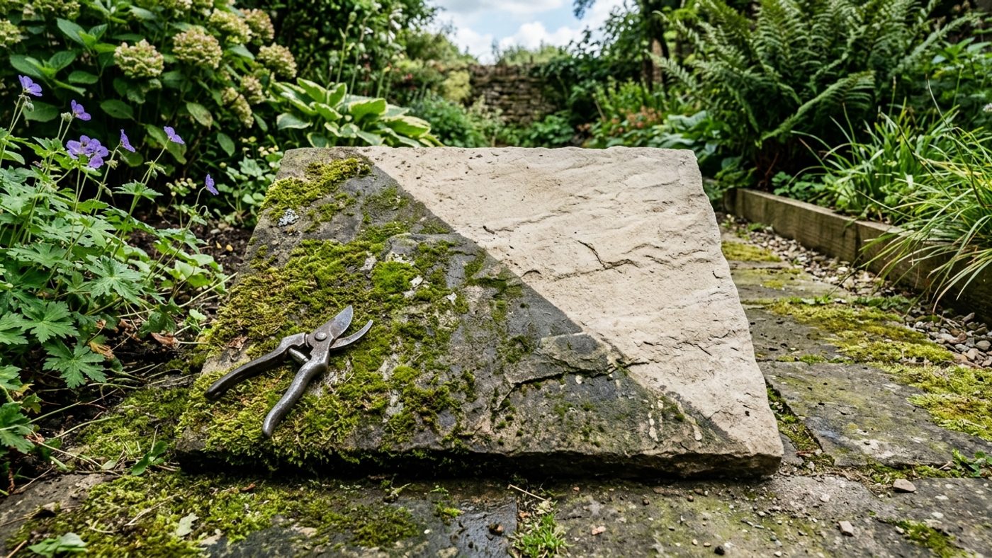 A paving slab showing a clear line between moss-covered stone and a cleaned patch