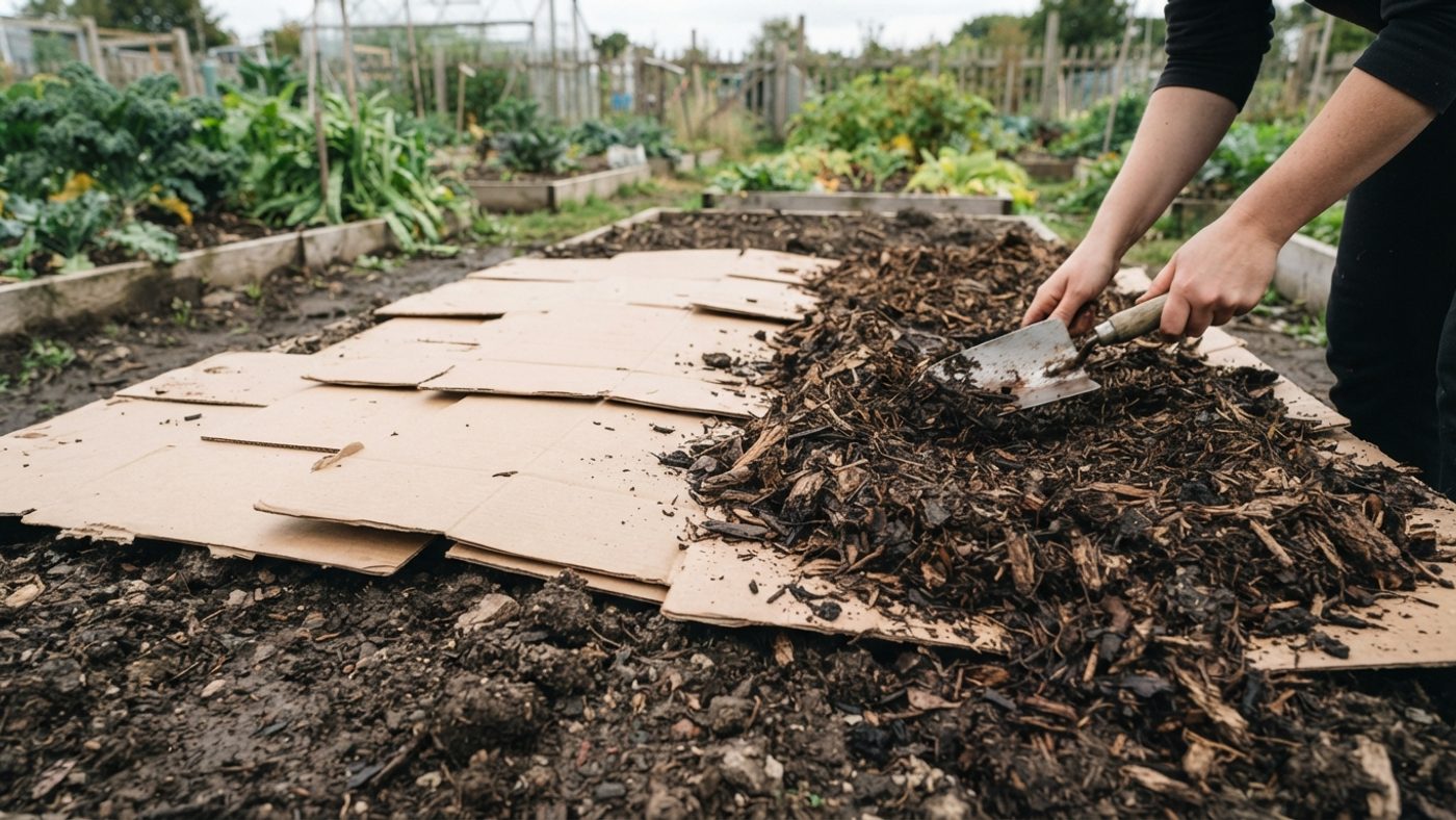 Overlapping sheets of cardboard being laid on cleared ground and covered with a thick mulch layer