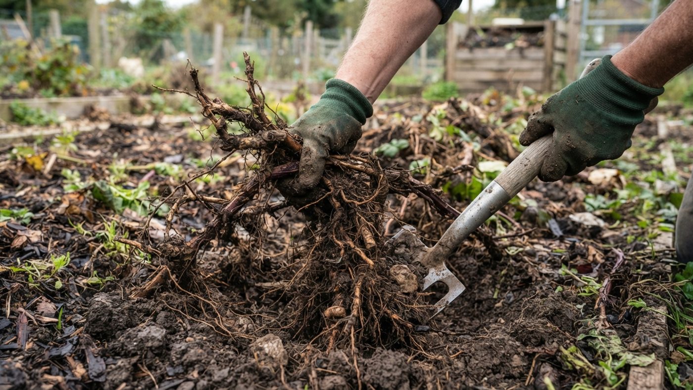 Hands using a border fork to dig out a tangled bramble root system from soil