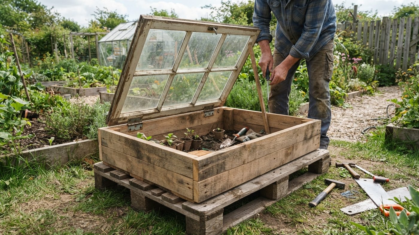 A DIY cold frame being built from a wooden pallet base and an old window as the lid