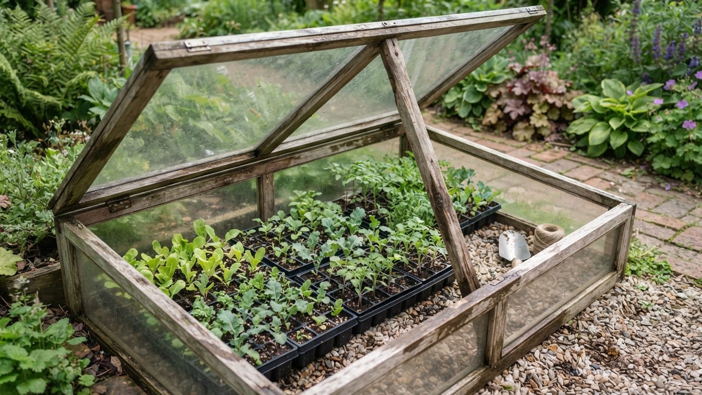 Trays of young seedlings hardening off inside an open cold frame