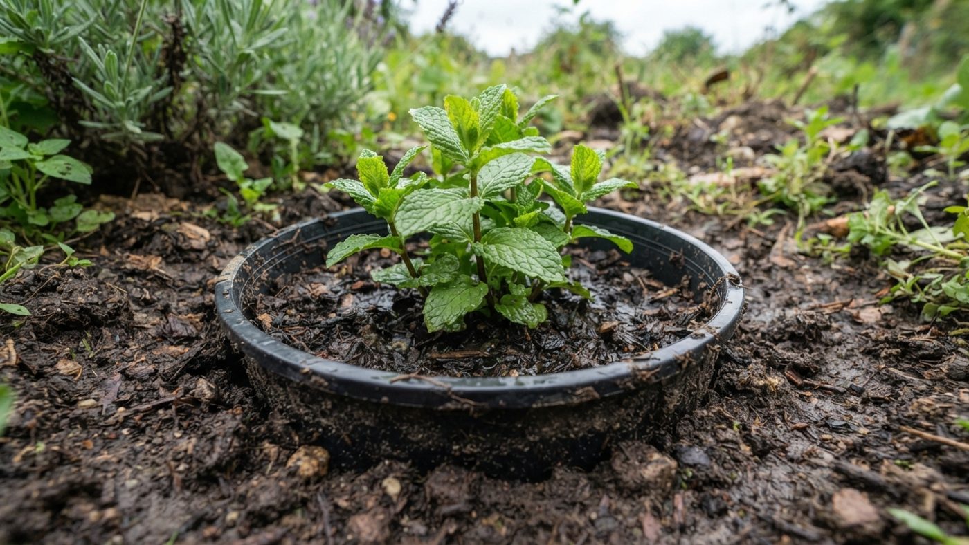 A bottomless pot sunk into soil as a root barrier to contain a mint plant