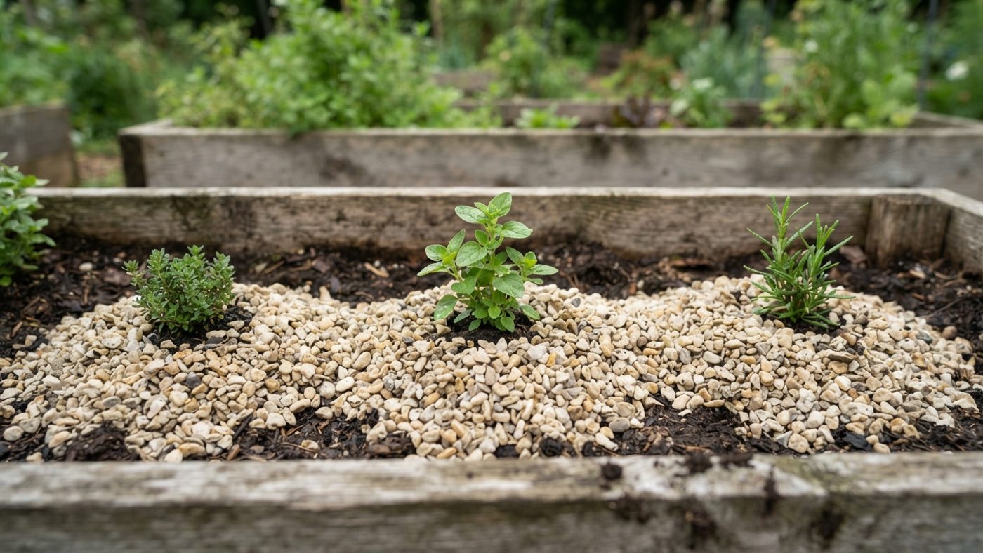 A gravel mulch mounded slightly around small herb plants in a raised bed