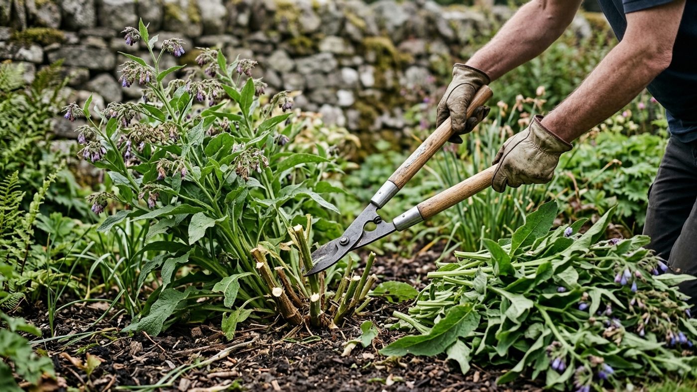 Secateurs cutting a comfrey plant back to the base after flowering in April, to stimulate fresh leafy growth