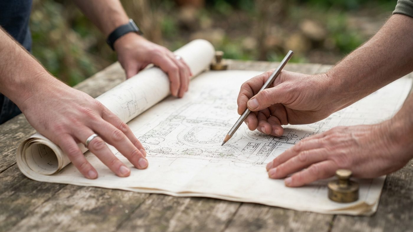 Hands around a table reviewing site plans for a community land project
