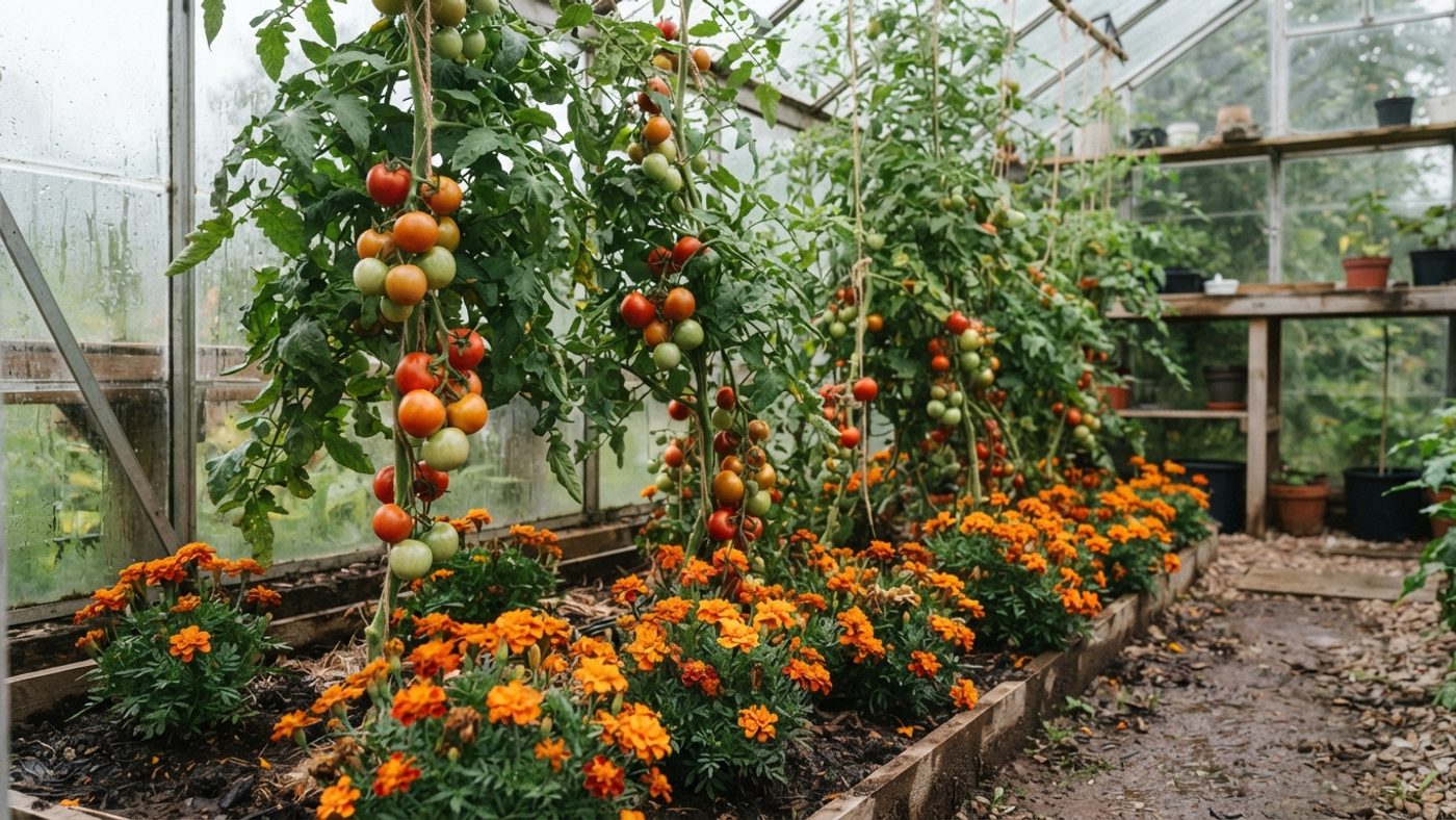 Orange French marigolds planted at the base of tomato plants inside a greenhouse