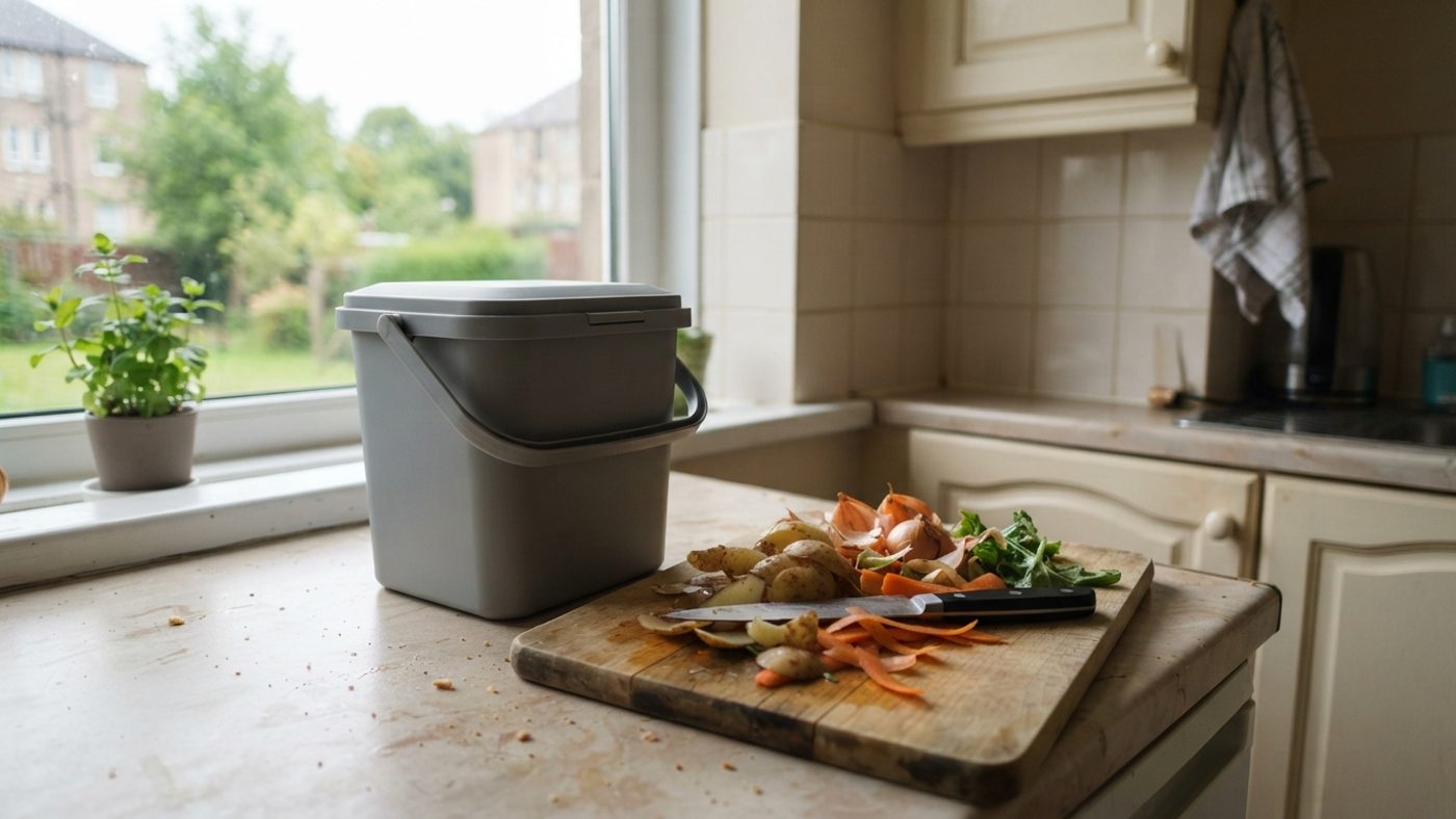 A small grey kitchen food waste caddy on a kitchen counter next to vegetable peelings