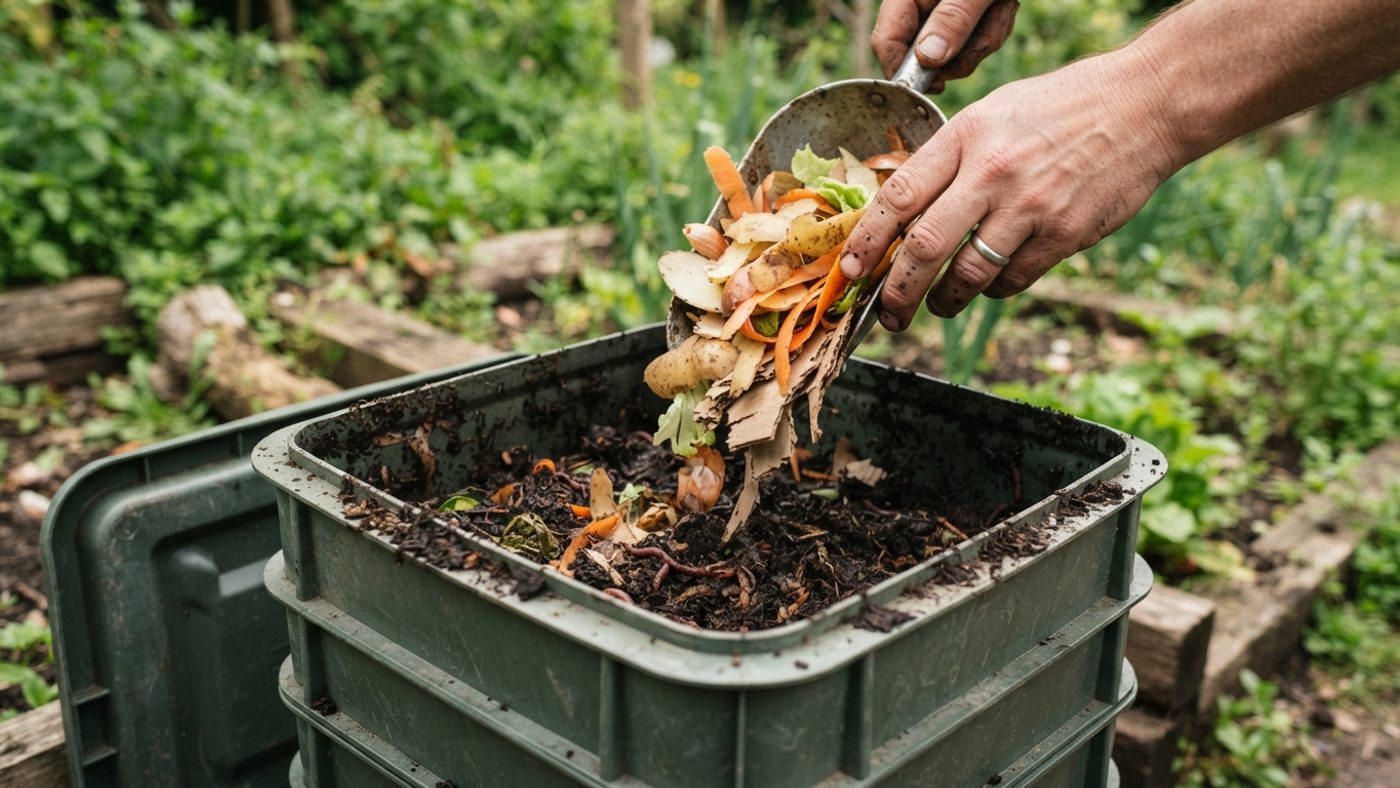 A hand adding vegetable peelings and shredded card into the open top layer of a wormery