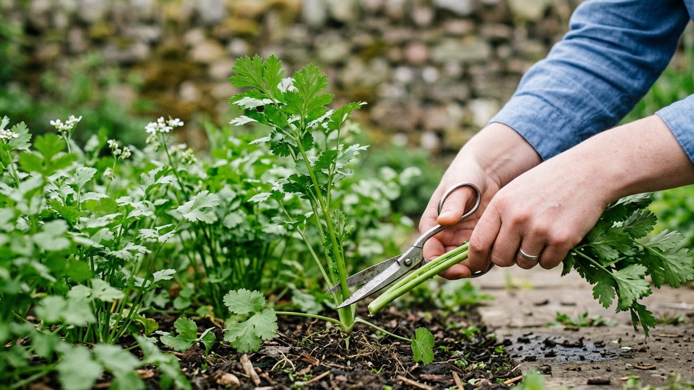 Scissors snipping a coriander plant off at the base of the stalk, rather than stripping individual leaves