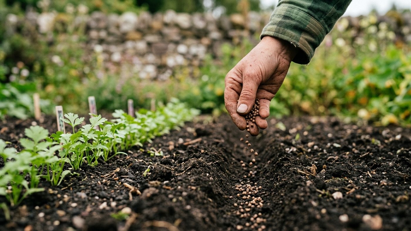 A hand sowing a small new batch of coriander seeds in a fresh row, a few weeks after the last sowing