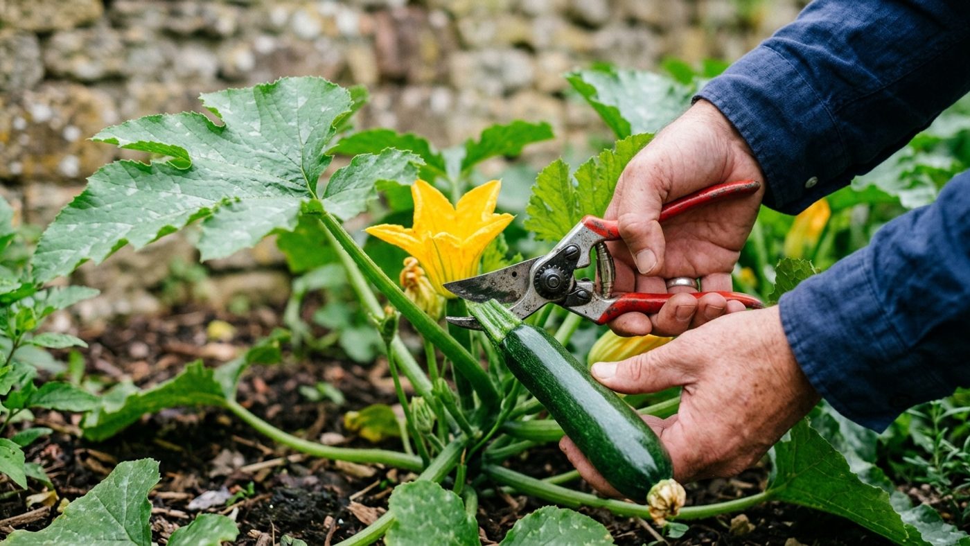 A pair of secateurs cutting a courgette from the plant at about 10 to 12.5cm long