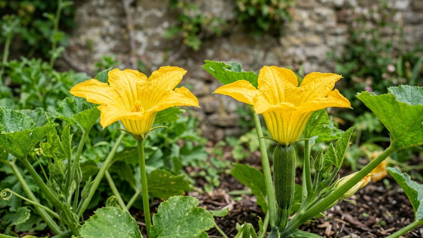 A male courgette flower on a plain stem next to a female courgette flower with a small fruit swelling behind it