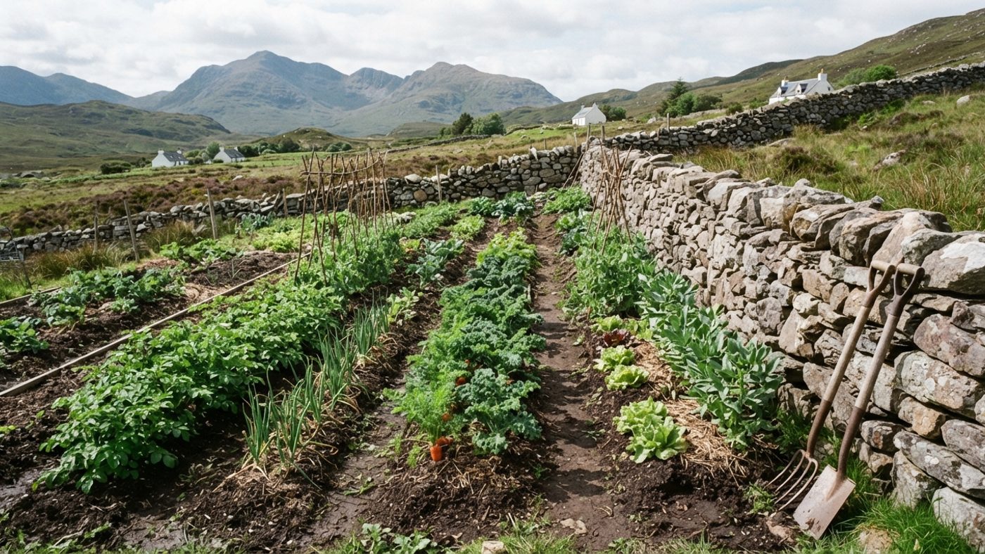 Rows of vegetables growing on cultivated croft land