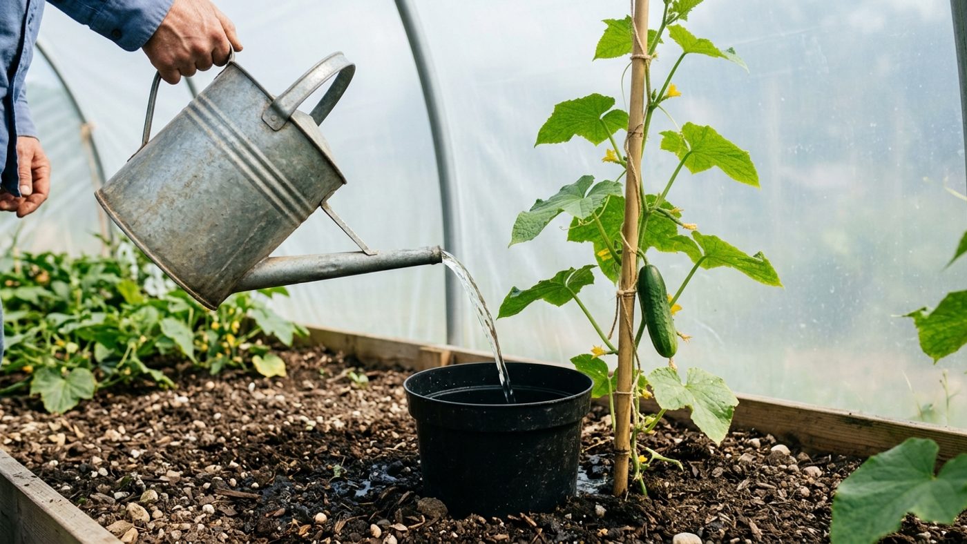A watering can filling an empty pot sunk into the soil beside a cucumber plant, directing water straight to the roots