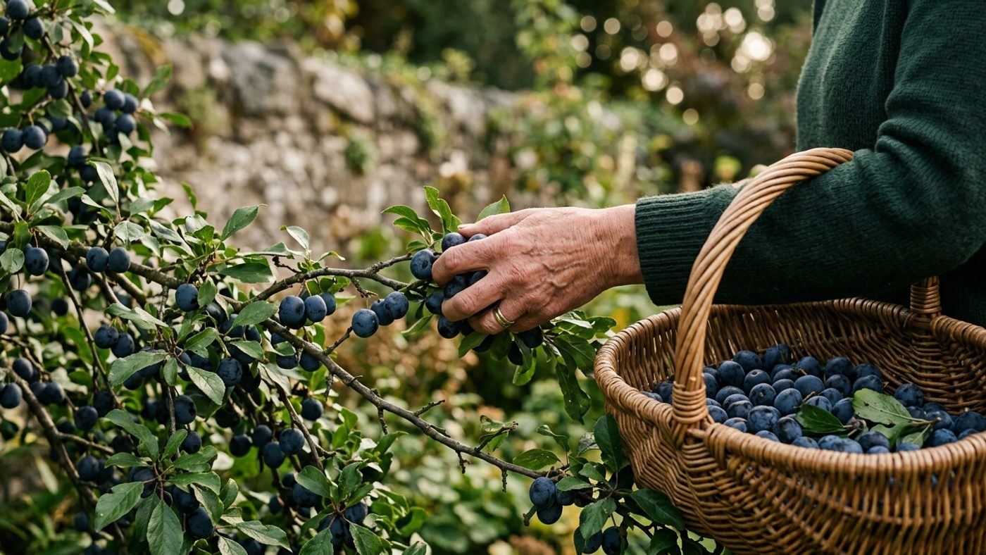 A hand picking small dark damsons into a wicker basket for jam-making