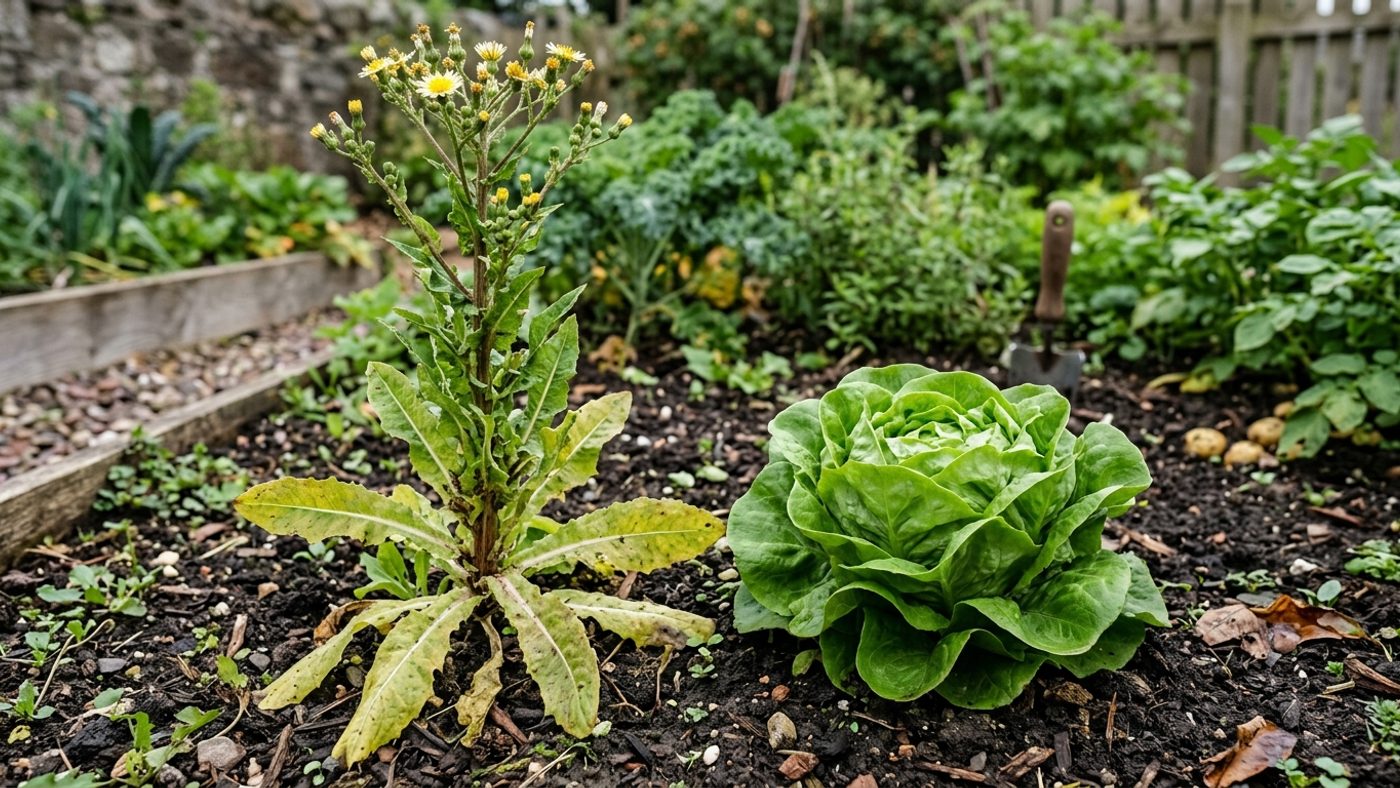 A bolted lettuce with a tall central flower spike next to a normal, compact, unbolted lettuce head