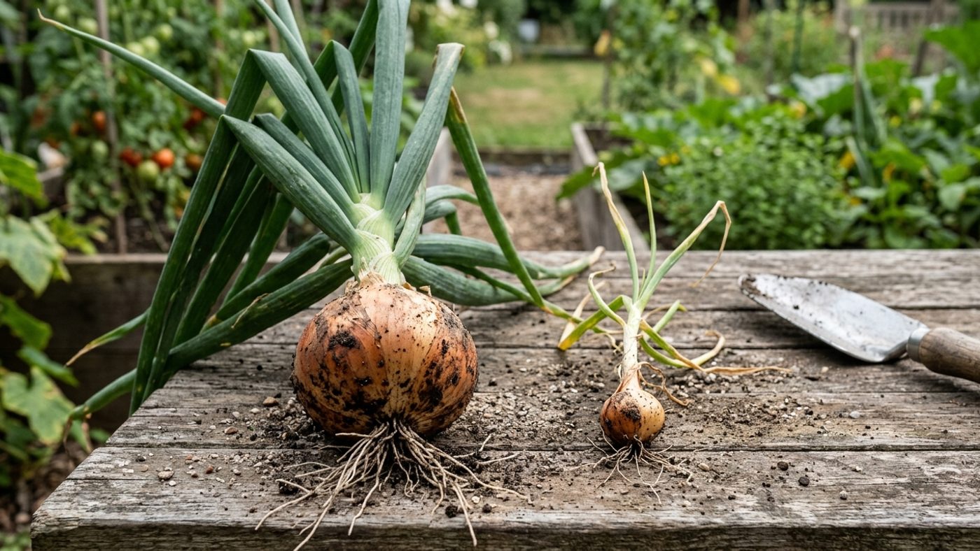 A large, well-formed onion bulb with full leaf growth next to a small, weak onion bulb on a stunted plant with little leaf growth