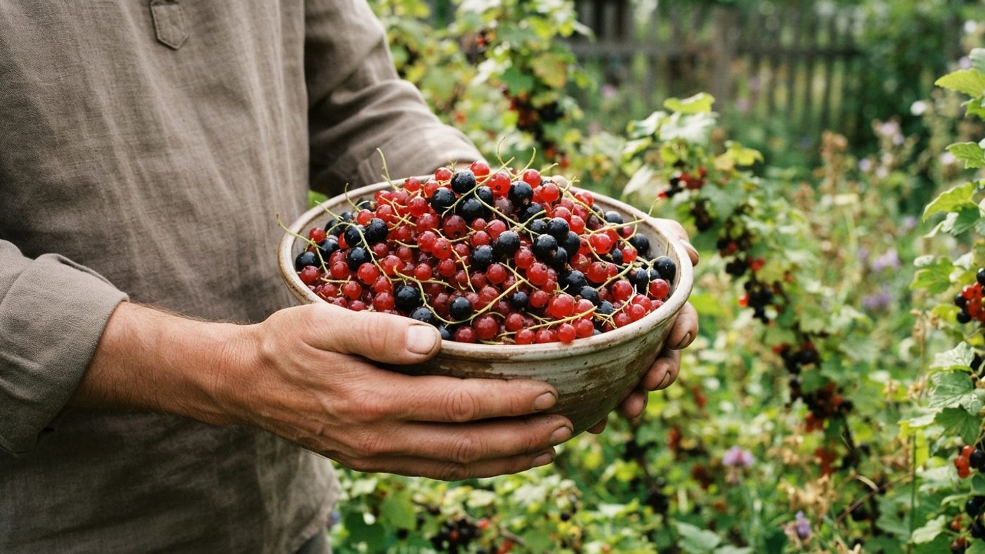 Hands holding a bowl full of whole currant strigs just picked from the bush