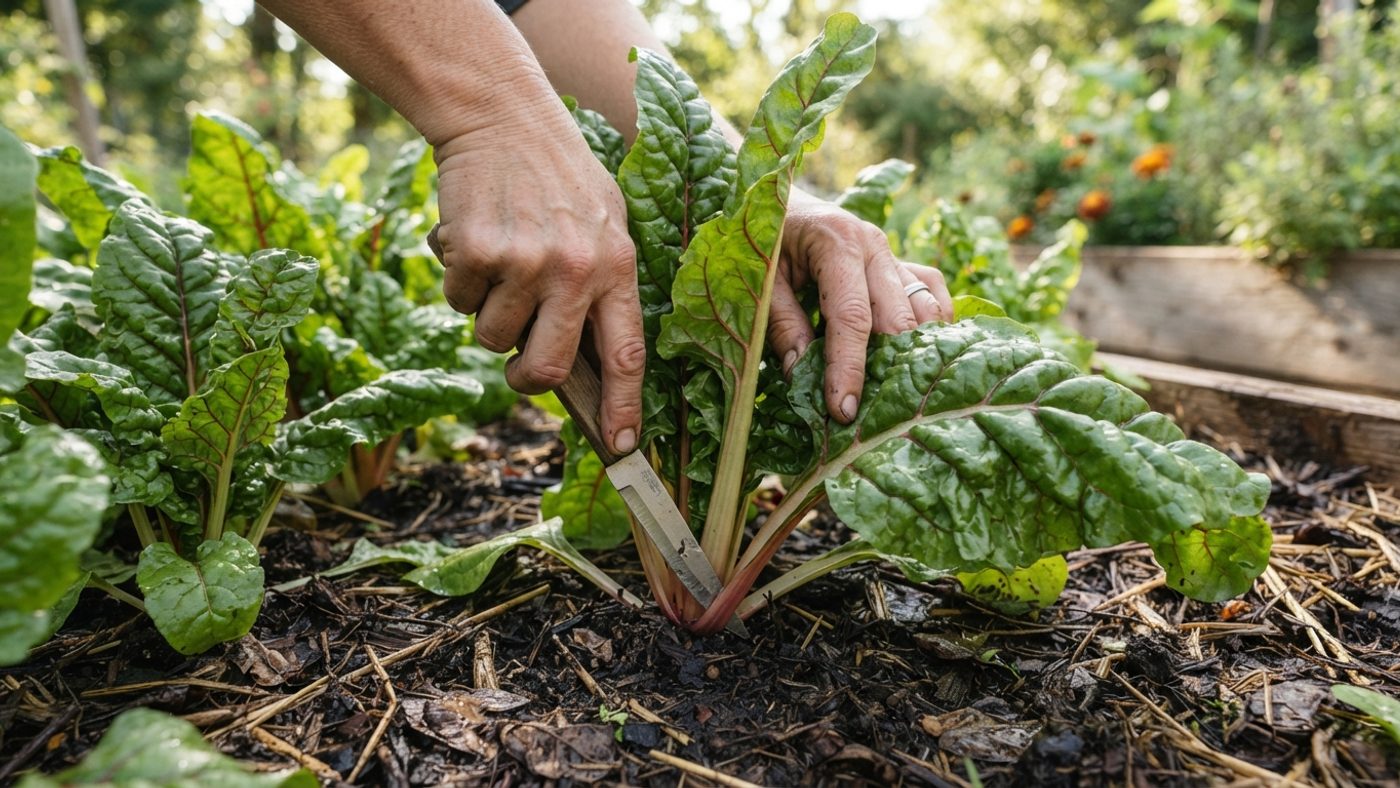 A hand cutting an outer chard leaf cleanly at the base of the plant
