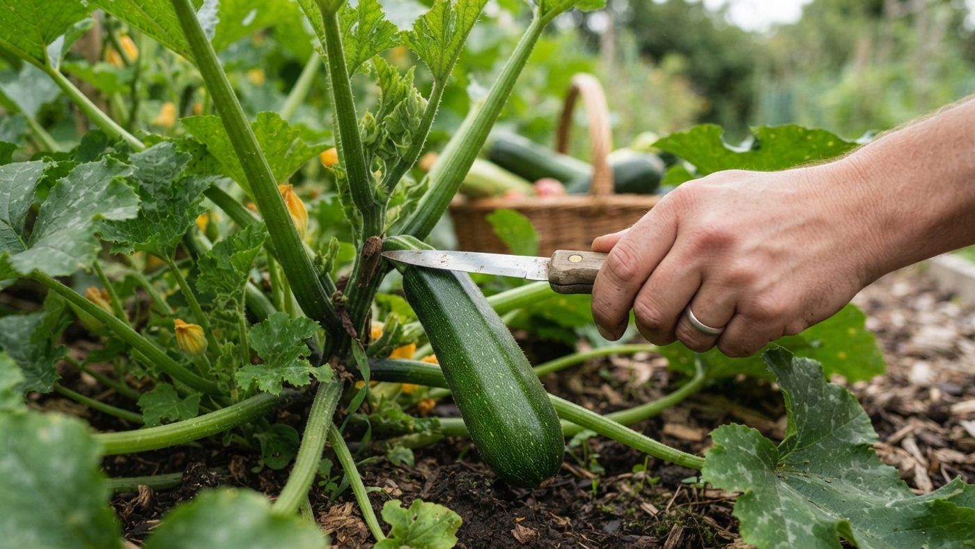 A hand cutting a courgette from the plant with a knife