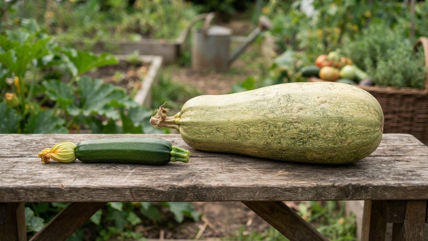 A small, correctly sized courgette laid next to an oversized overgrown marrow for comparison