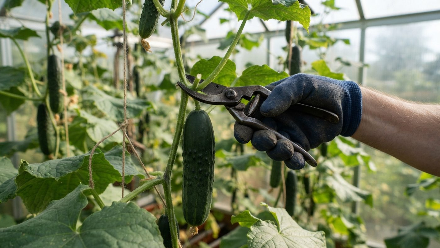 A hand cutting a cucumber stem cleanly with secateurs