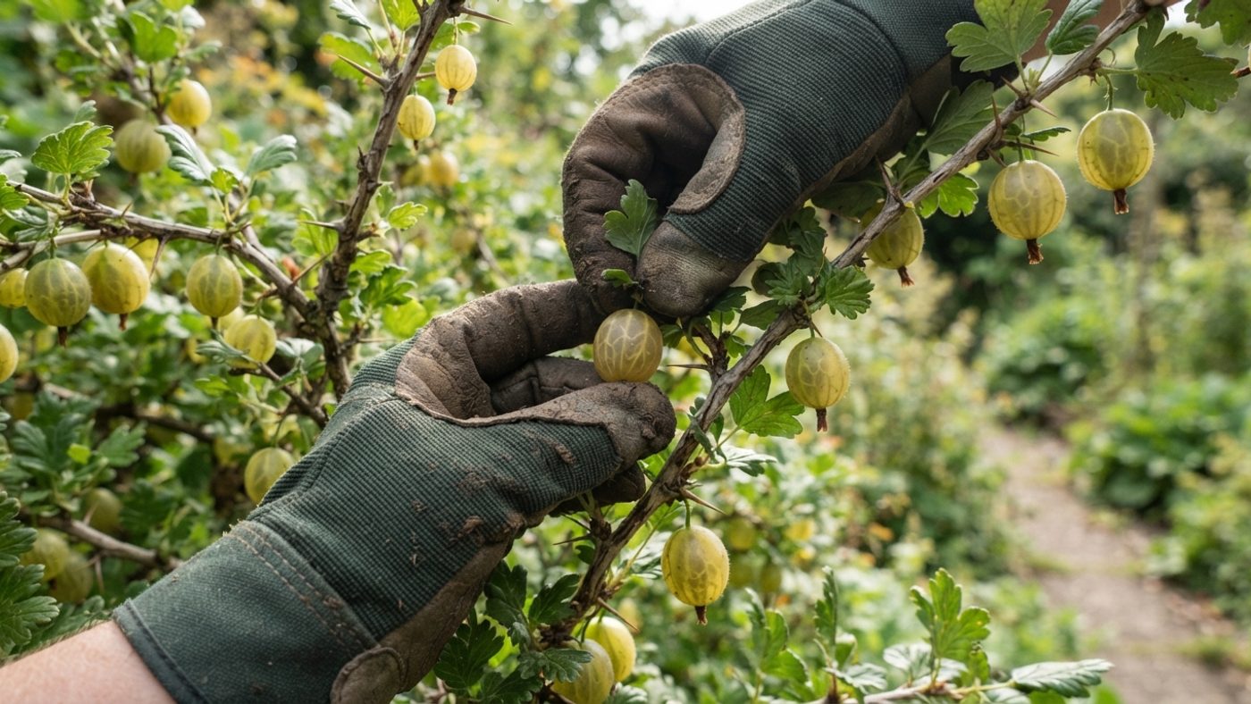 A gloved hand picking gooseberries from a thorny bush