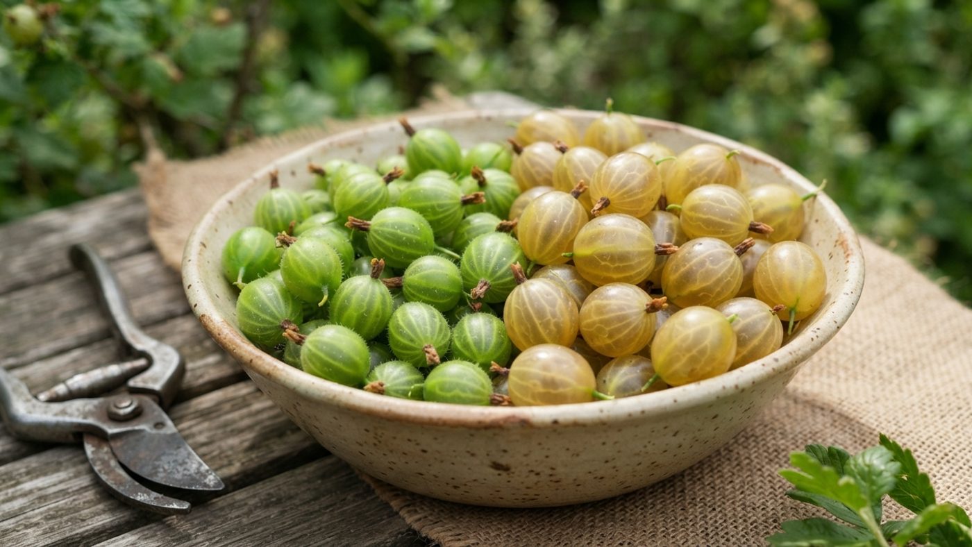 A bowl containing both hard green gooseberries and soft ripe ones from a two-stage harvest