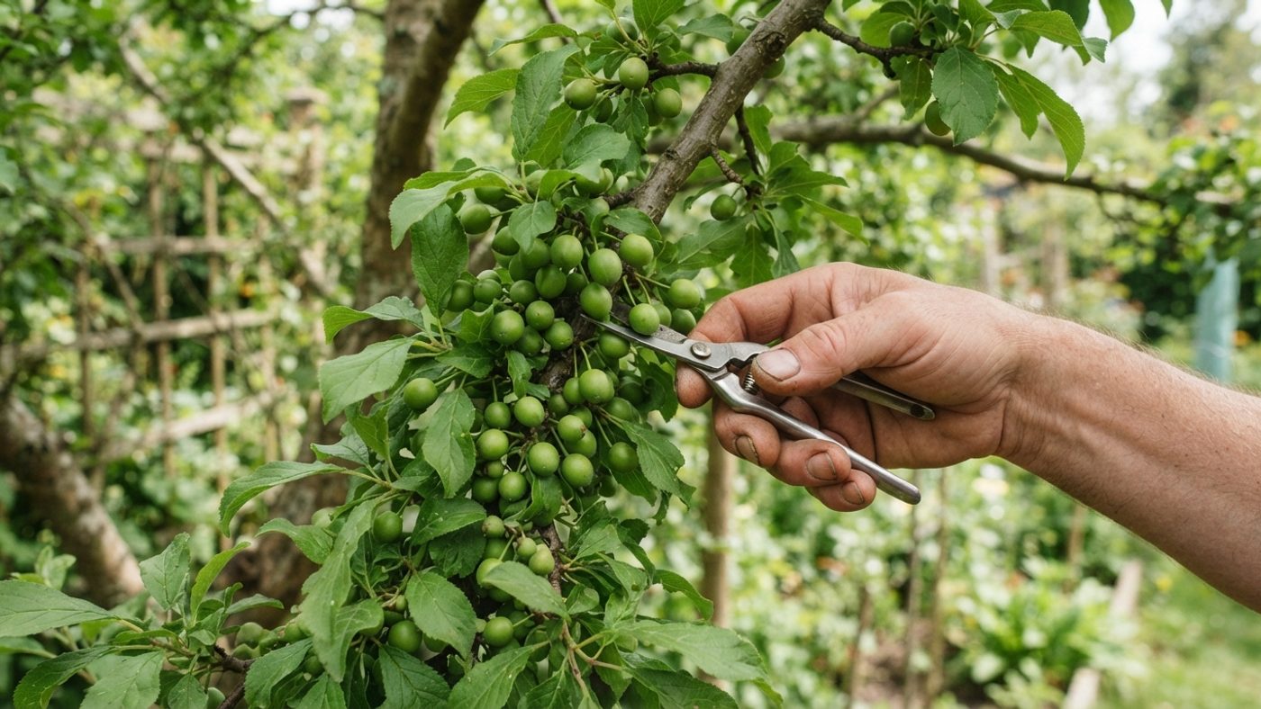 A hand thinning a cluster of small green immature plums from a branch