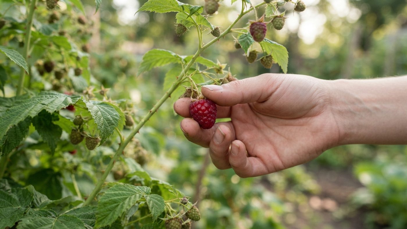 A hand picking a ripe raspberry from the cane