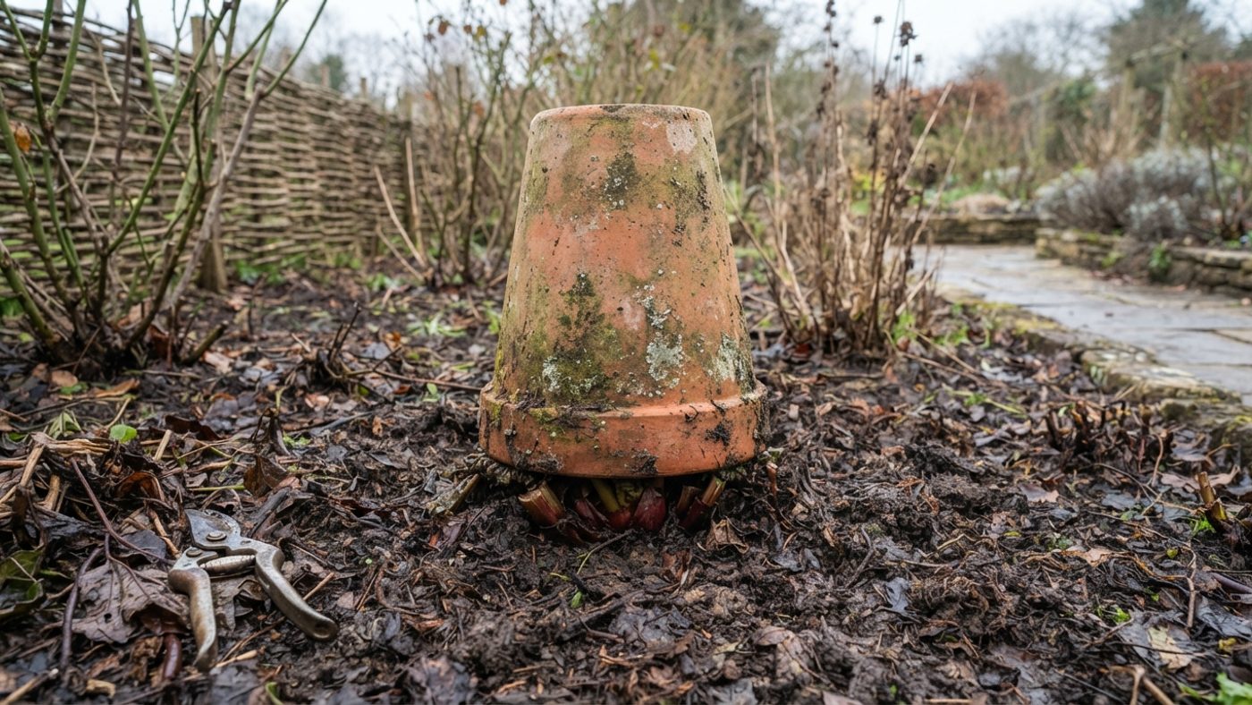 A terracotta forcing pot placed over a rhubarb crown in late winter