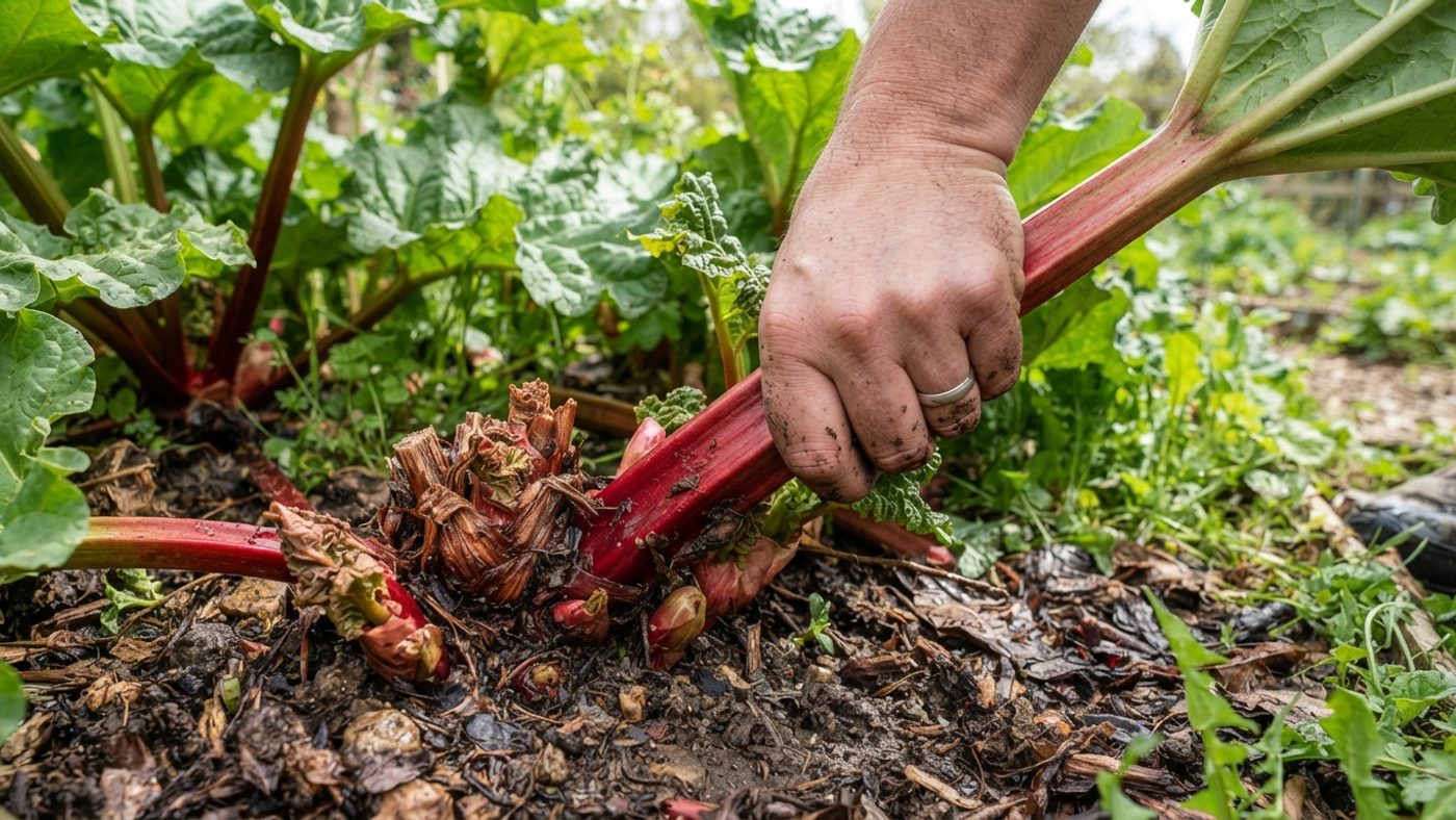 A hand pulling a rhubarb stalk away from the crown at its base