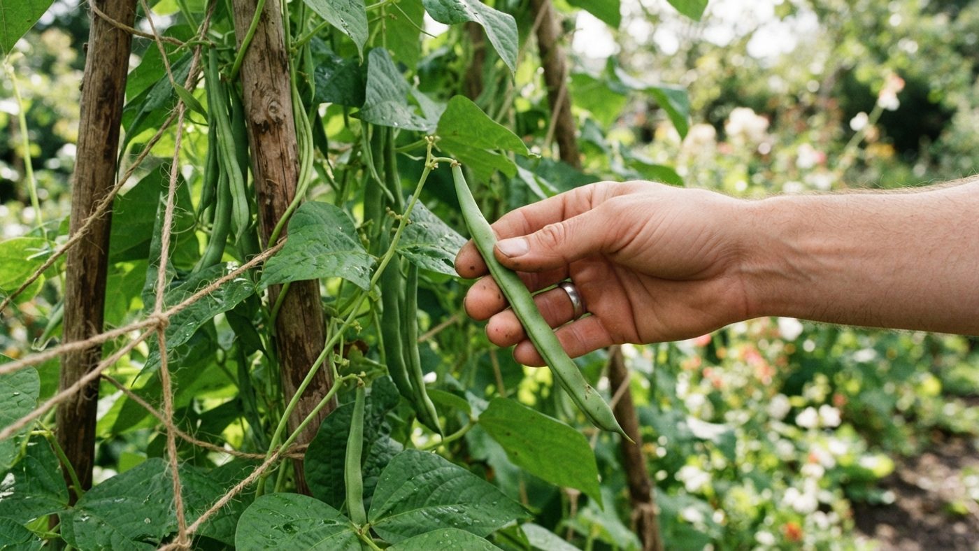 A hand picking a long runner bean pod from the vine