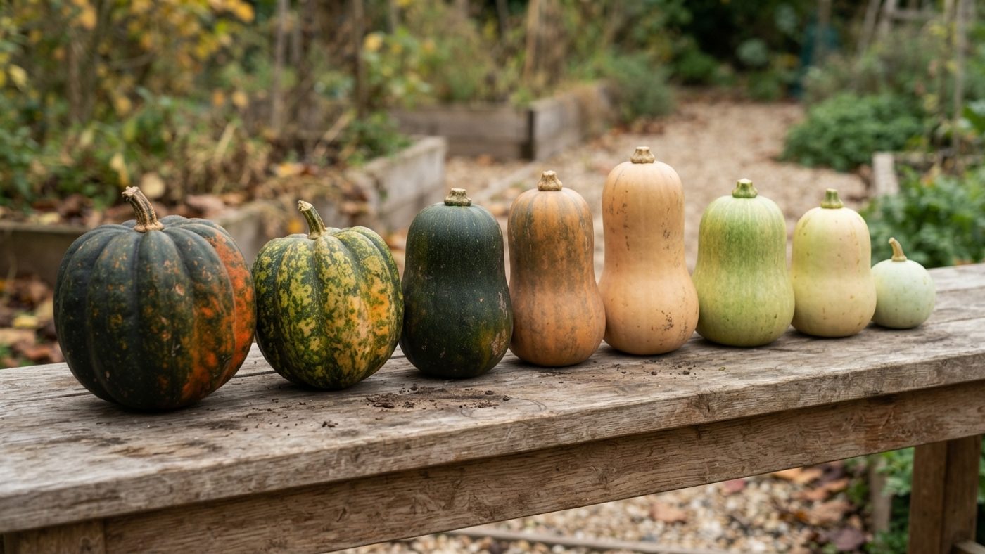Squash of mixed maturity, from fully coloured to pale immature, laid out together