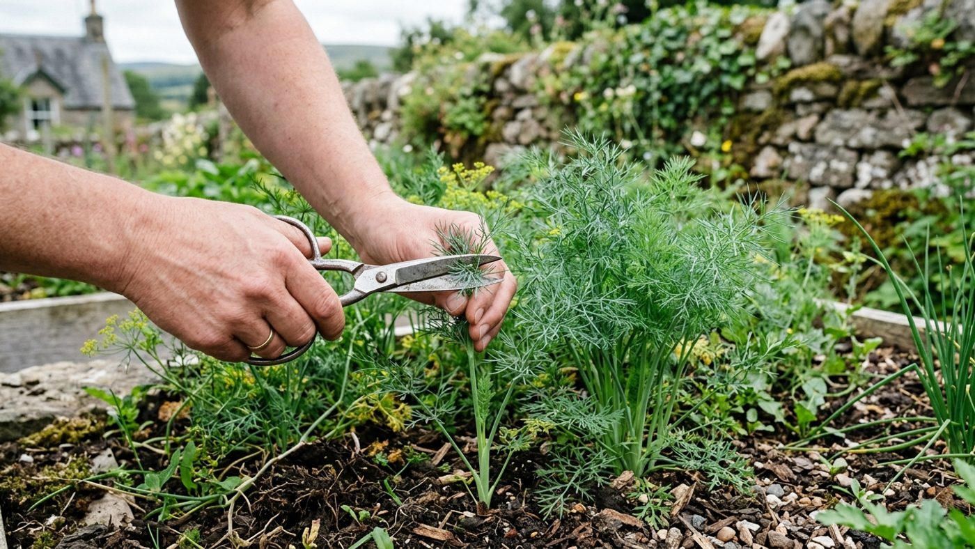 Scissors snipping a few feathery dill leaves from a young plant, leaving most of it standing