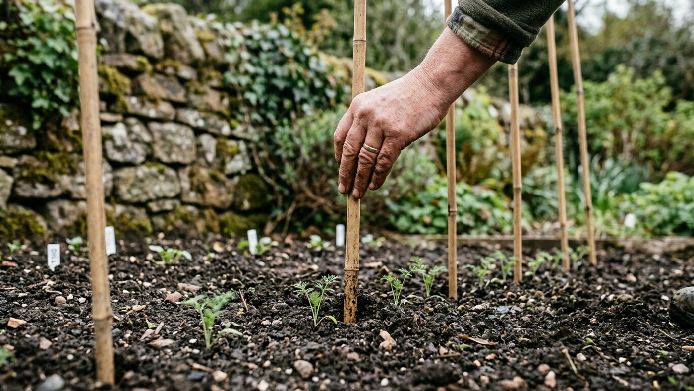 Bamboo canes pushed into the soil beside young dill seedlings at sowing time, for wind support later