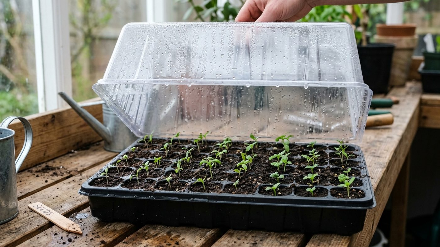 A clear plastic humidity dome lifted off a tray of newly emerged seedlings
