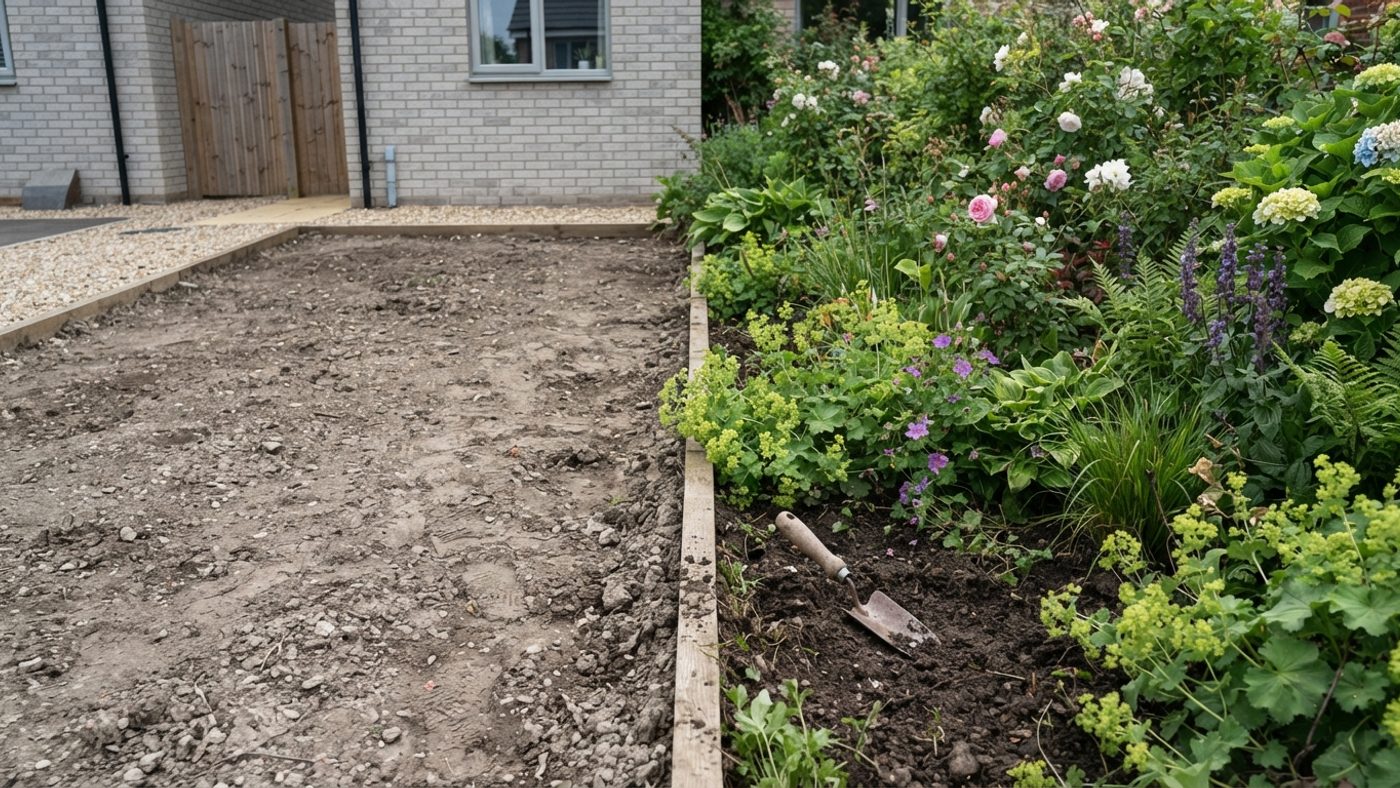 Bare compacted grey subsoil at a new-build garden next to an established garden bed thick with healthy plants