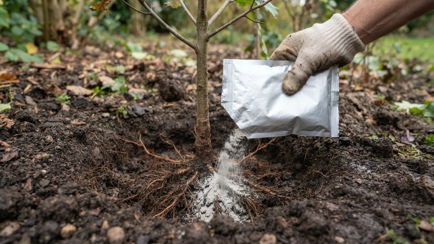 A hand sprinkling powder from a plain foil sachet into a planting hole beside bare tree roots