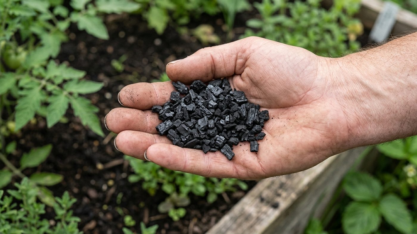 A hand holding a small pile of dark porous biochar granules