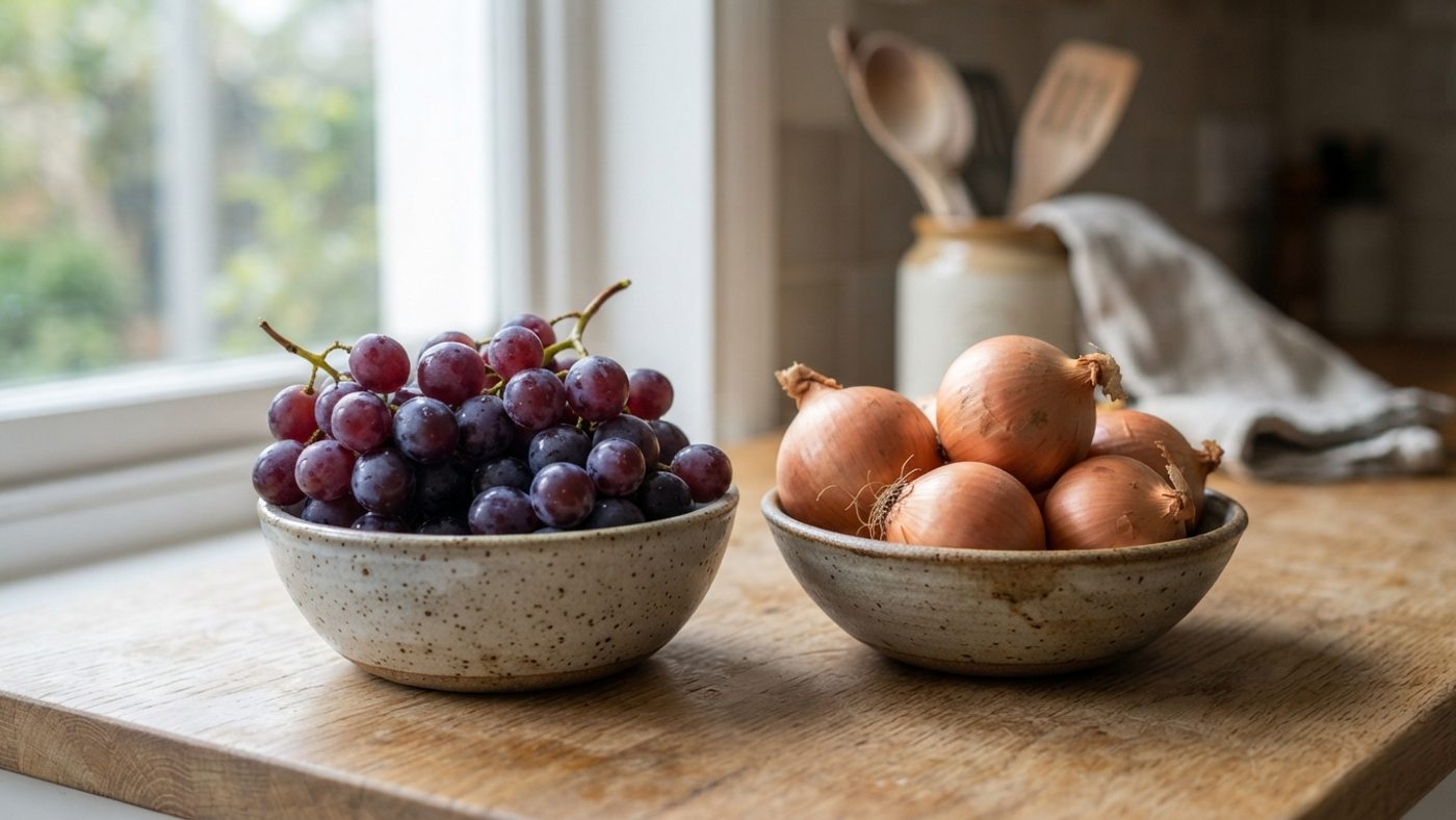 A small bowl of fresh grapes next to a small bowl of whole onions on a kitchen counter