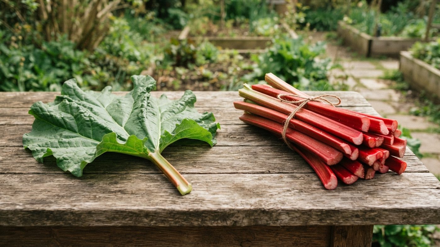 A large rhubarb leaf set apart from a bundle of trimmed red rhubarb stalks on a garden table